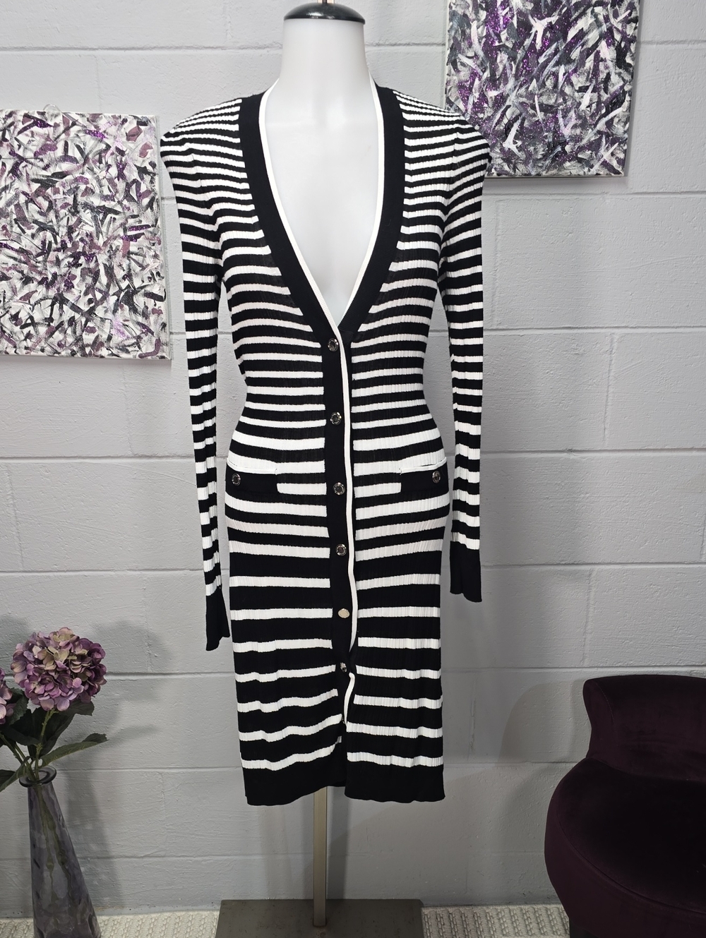 White House Black Market Black and White Striped Long Cardigan Dress